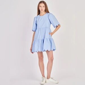 English Factory Blue Tiered Mini Dress with Scalloped Hem
